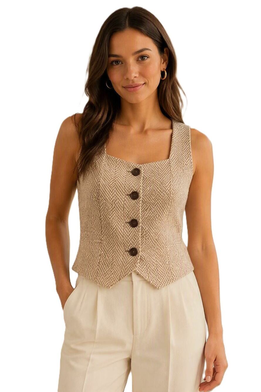 NWT/NWI LOFT Wool Blend Herringbone Button Front Vest Caramel-Ivory Women Large